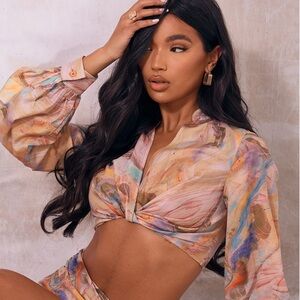 PLT Sand Marble Twist Front Balloon Sleeve Crop Top